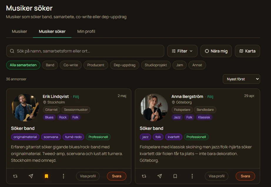 Skärmbild från Lyrana: fliken Musiker söker med annonser där musiker söker band, co-write och dep-uppdrag, var och en med en Svara-knapp
